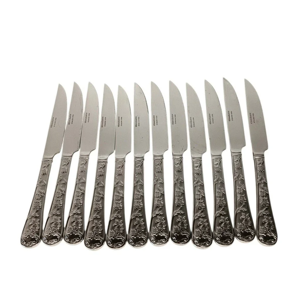 Reed & Barton Queens Garden 12 Steak Knives Glossy Stainless Flatware Floral